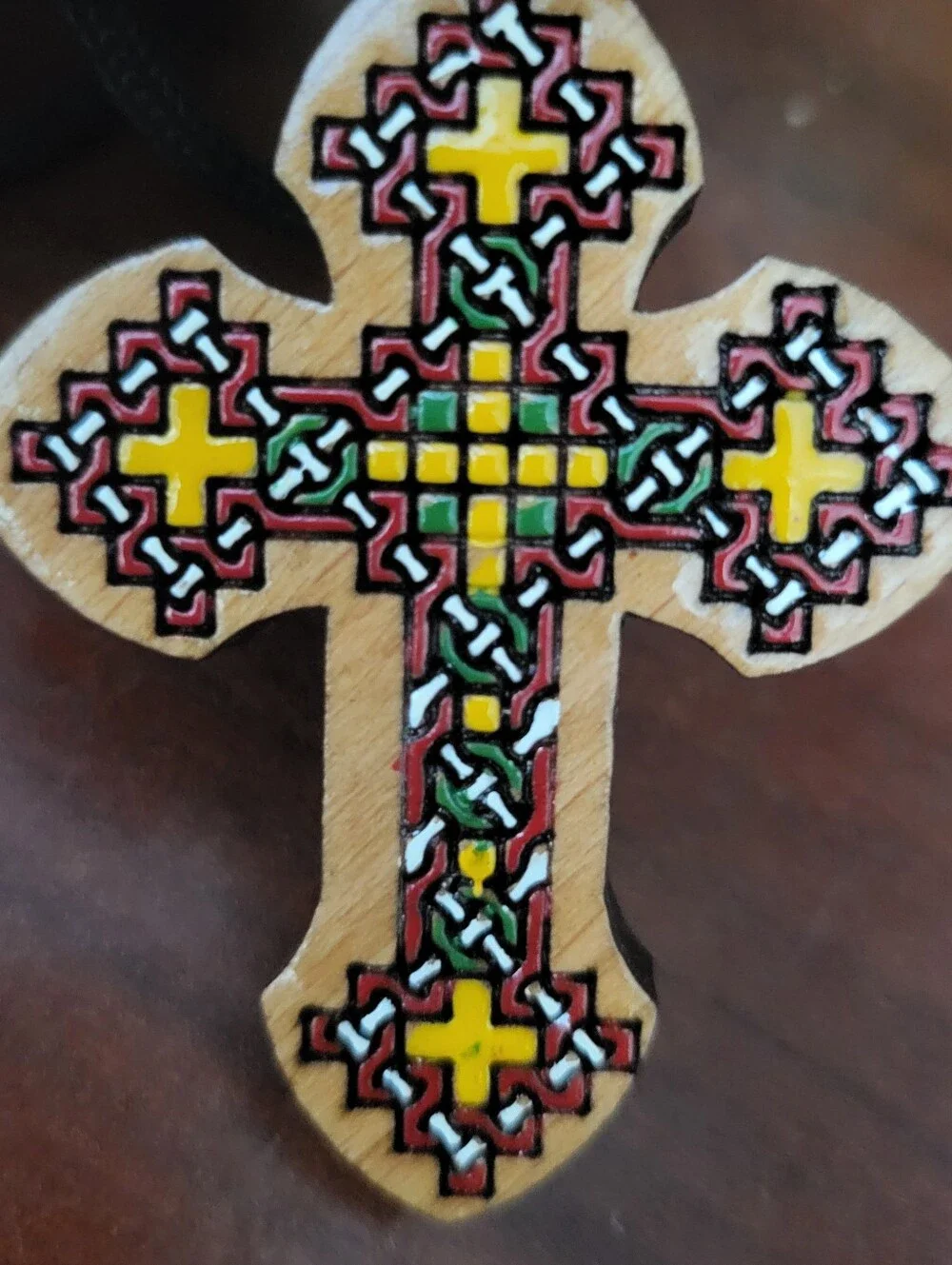 Ethiopian Coptic Wooden Cross Pendant Necklace Hand Painted Traditional Design